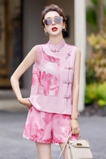 新中式国风短裤套装女2024夏季新款休闲时尚小个子背心马甲两件套，女装套装/套裙，布芭啦