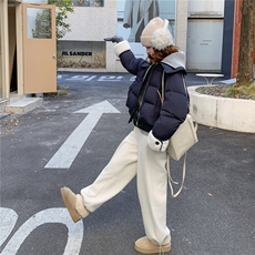 针织领羊羔毛PU皮拼接藏青50绒羽绒服2C206-L677-P295-K448，女装羽绒服，2C206