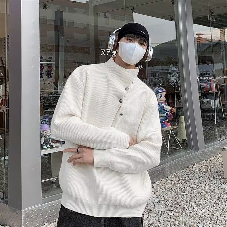 冬季侧扣高级感复古高领纽扣设计针织毛衣潮流百搭潮MZ747-P59图片