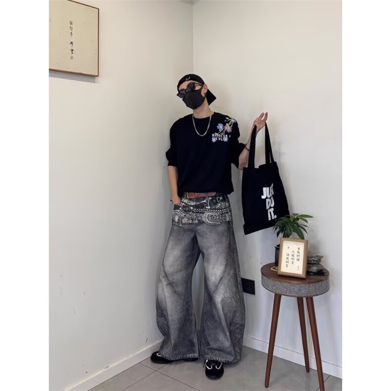 A729-P58美式复古直筒牛仔裤男秋冬新款潮牌高街水洗做旧宽松,男装牛仔裤,电商B323A