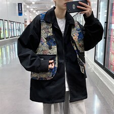 高街复古拼接小熊夹克衫假两件M-4XL宽松春季工装男日系W2531-P60,男装夹克,星座512-2