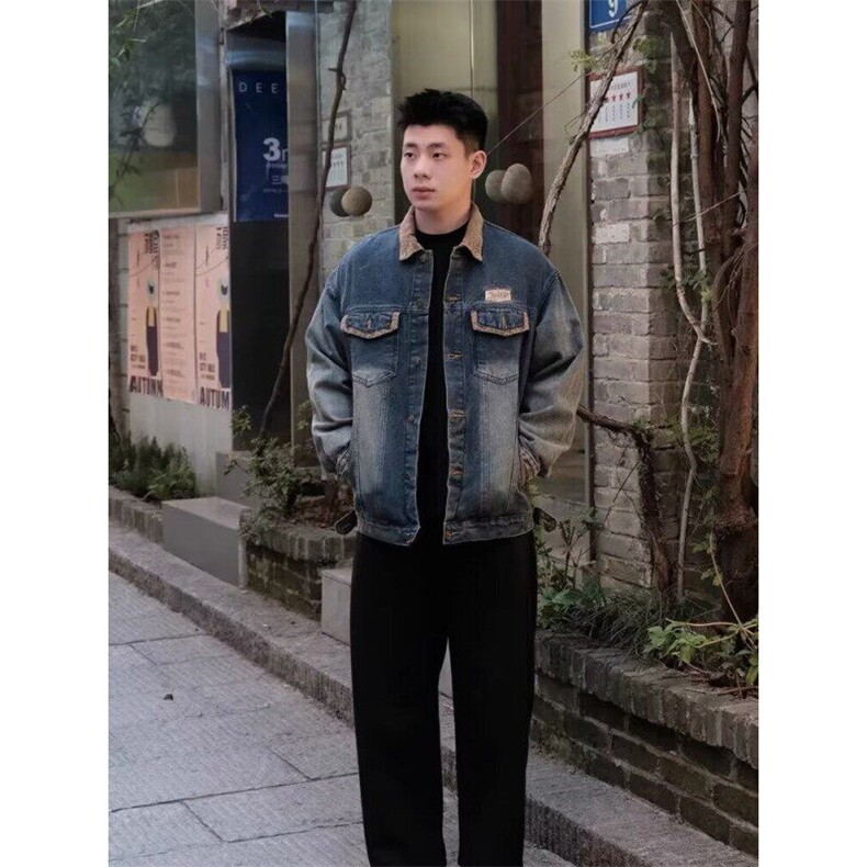 复古蓝水洗做旧底特律牛仔夹克外套男春季美式潮牌拼接设计机车服,男装夹克,星座506A