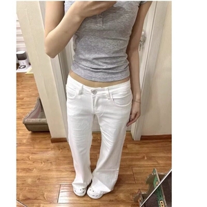 简约白色微喇低腰牛仔裤女春秋季新款高腰韩版ins休闲百搭拖地裤图片