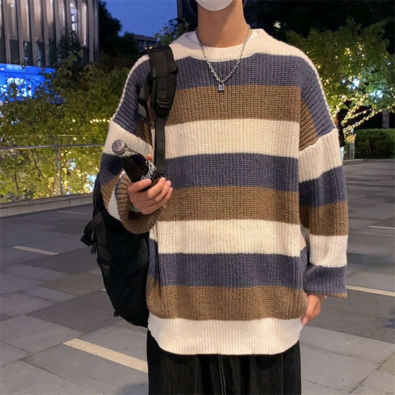 条纹拼色毛衣男秋冬ins潮宽松打底复古圆领情侣针织衫M323-P34,男装针织衫/毛衣,星座512-4