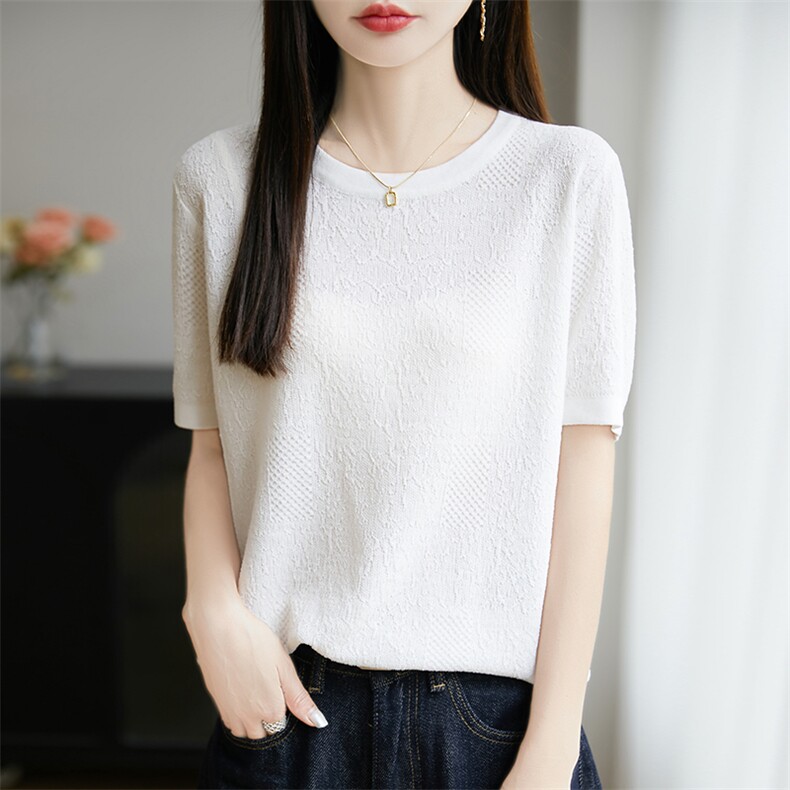 夏季圆领莱赛尔天丝五分袖针织上衣女肌理感提花短袖宽松打底T恤图片
