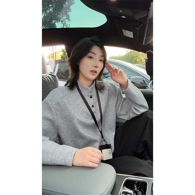 抖音得物品质美式高街重磅曼巴棉拼接cleanfit亨利领卫衣长袖T恤,男装T恤,电商A486