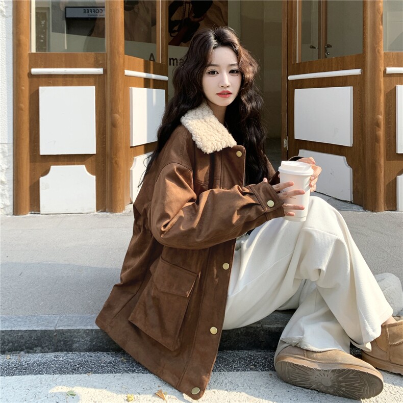 现货！90绒！羊羔毛领拼接麂皮绒羽绒服女外套2C325-5959P275K428,女装羽绒服,2C325