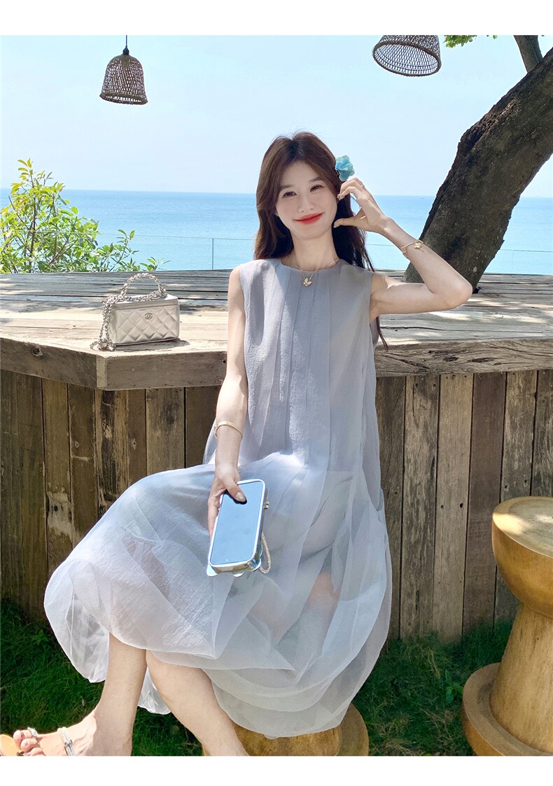 新款主推夏季欧根纱无袖显瘦复古仙女连衣裙2247-P140-K219,女装连衣裙,网红馆