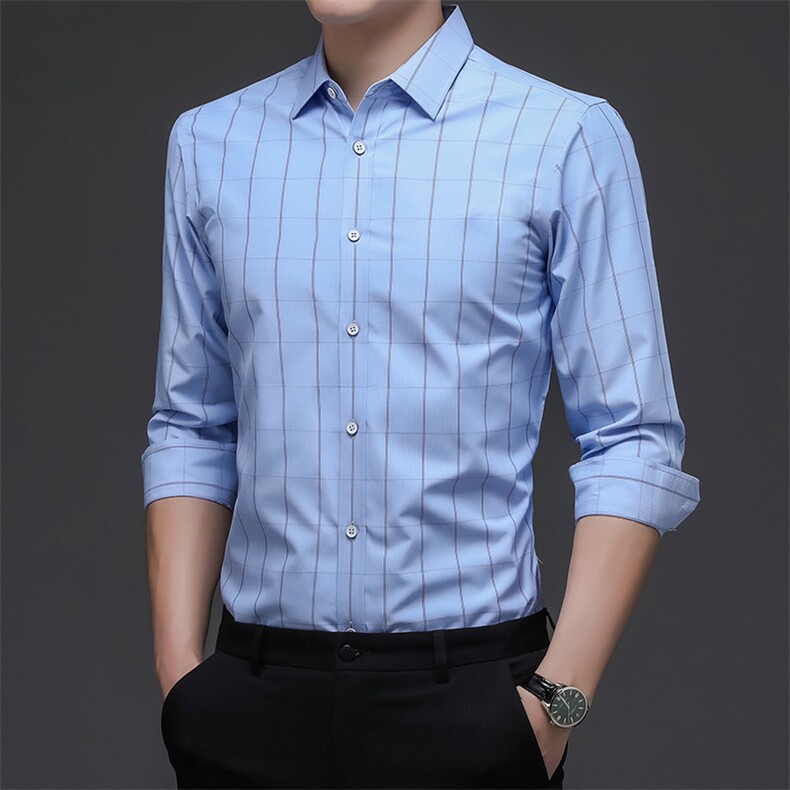 2023新款春秋季男士长袖衬衫商务休闲宽松上衣服中年爸爸装衬衣,男装衬衫,电商B212（原钱塘6029）