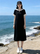 欧货时尚潮流长款连衣裙女夏新款洋气宽松蕾丝拼接连帽短袖休闲裙，女装套装/套裙，江南