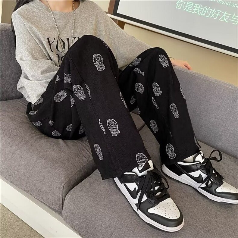V015-P35嘻哈印花休闲裤灯芯绒复古宽松情侣垂感百搭长裤,男装休闲裤,星座911-1