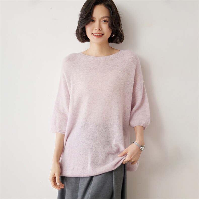 轻柔软糯~baby小山羊绒针织短袖女圆领宽松毛衣五分袖打底衫新款图片