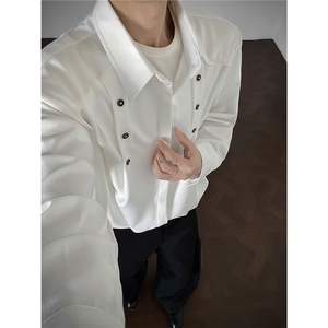 春秋季男简约潮流衬衣男款长袖衬衫男生韩系休闲风宽松翻领上衣图片