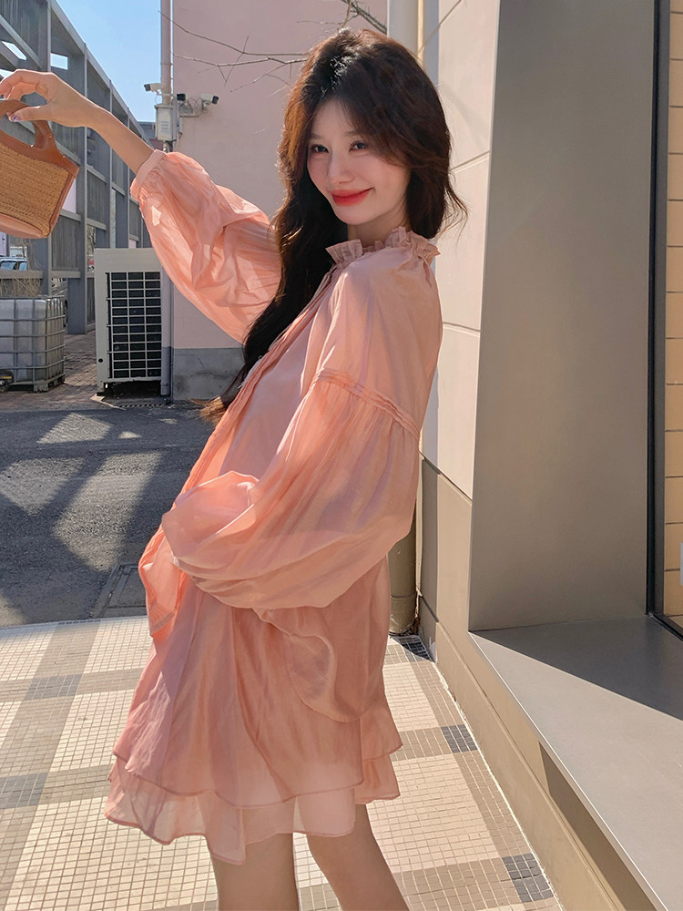 橘粉色轻薄系带衬衫套装裙女2025夏季新款别致漂亮半身裙两件套潮,女装套装/套裙,浙宝305