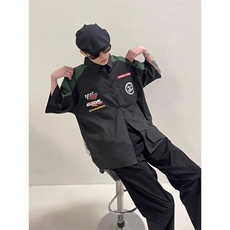 美式高街hiphop嘻哈赛车服短袖衬衫夏季潮牌机车POLO领短袖上衣，男装衬衫，星座506A