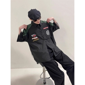 美式高街hiphop嘻哈赛车服短袖衬衫夏季潮牌机车POLO领短袖上衣图片