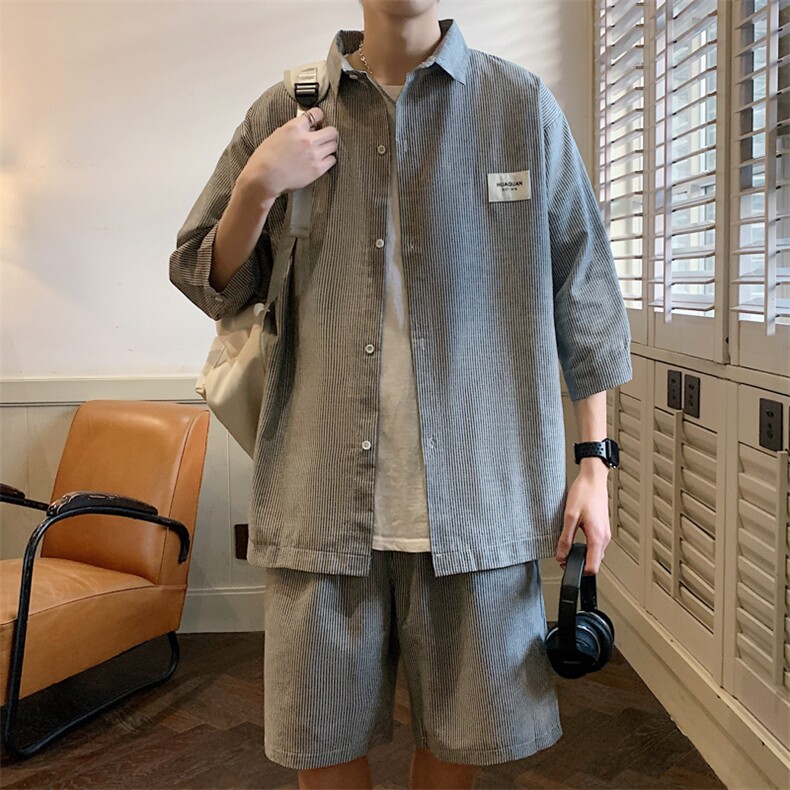 2026夏小清新条纹衬衫五分裤棉质宽松运动套装TZ8090/P65黑色8，男装休闲套装，电商A094