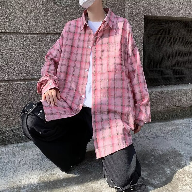 格子衬衫男女同款ins潮牌宽松痞帅长袖格纹衬衣帅气薄款防晒外套,男装防晒衣,星座716-2