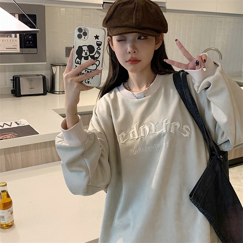 EQ180重工刺绣360克麂皮绒圆领字母卫衣女情侣装春季外套P58,男装卫衣,电商C306-1