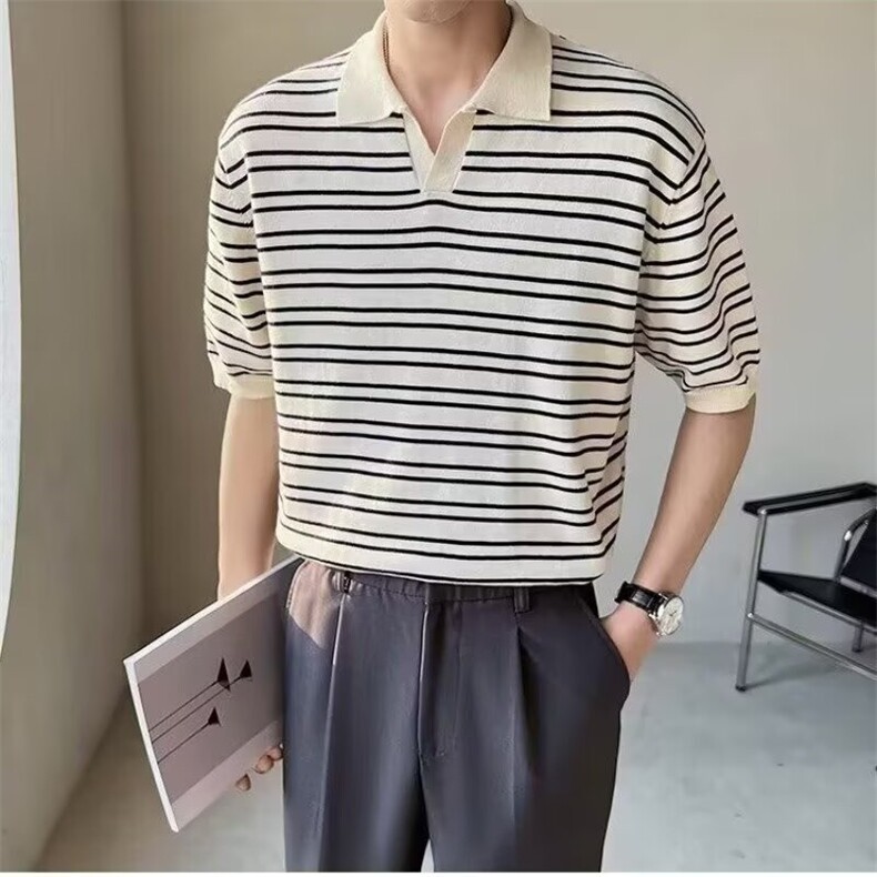 男士条纹Polo衫针织短袖2026新款熟风宽松半袖翻领T恤春秋上衣,男装T恤,星座715-4
