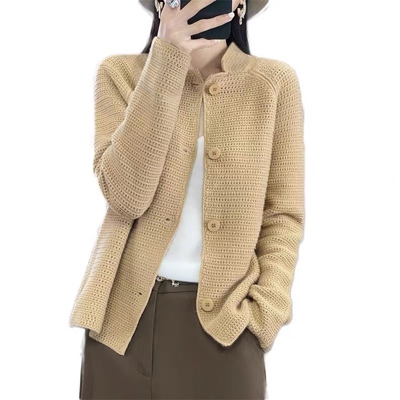2025春秋新款立领100%纯羊毛开衫女宽松气质毛衣百搭羊绒针织外套图片
