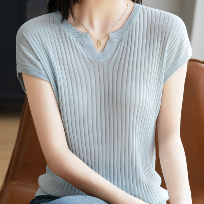 2025年新款春夏短袖女修身显瘦U领针织t恤背心外穿上衣,女装T恤,晨旭羊绒