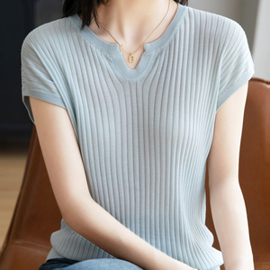 2025年新款春夏短袖女修身显瘦U领针织t恤背心外穿上衣图片