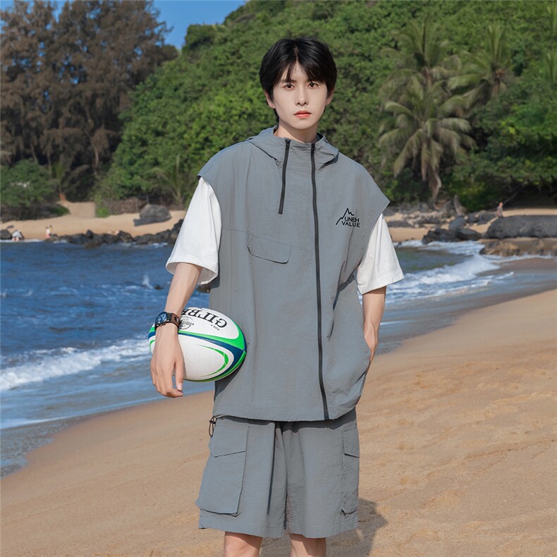 港风24夏款时尚无袖连帽拉链套装TZ614801P70控98，男装休闲套装，电商A268A