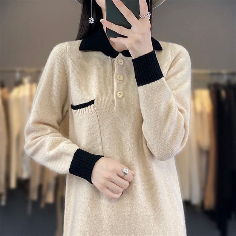 女士羊毛衫女秋冬季保暖针织POLO领羊毛裙,女装连衣裙,暖思雅