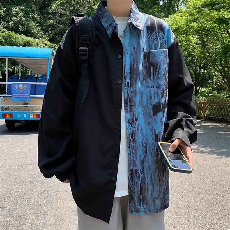 潮牌暗黑系扎染拼接长袖衬衫男网红高街宽松设计休闲撞色链条衬衣,男装衬衫,星座1013