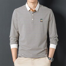 长袖t恤男中年春秋季2023新款时尚潮流休闲宽松翻领条纹上衣薄款，男装T恤，电商B212（原钱塘6029）
