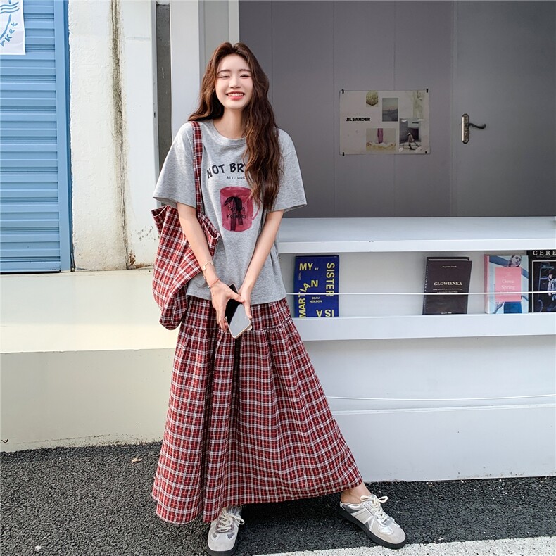 韩版印花短袖撞色格纹半身裙套装女2025夏季新款显瘦学院风两件套,女装套装/套裙,2C203