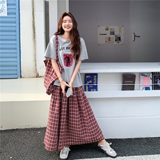 韩版印花短袖撞色格纹半身裙套装女2025夏季新款显瘦学院风两件套，女装套装/套裙，2C203