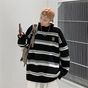 秋冬条纹针织衫港风宽松情侣线衣日系宽松慵懒风毛衣男 M691-P40图片