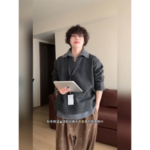 重磅北极绒假两件衬衫领毛衣美式高街复古休闲慵懒纯色翻领针织衫图片