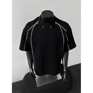 美式解构休闲复古设计感短袖T恤男夏季宽松小领口铆钉设计拼接T恤图片