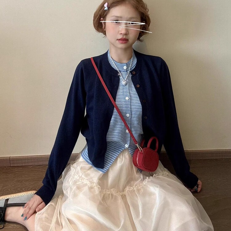 2025秋冬纯色开衫拼接假两件毛衣女宽松美式学院风针织外套,男装针织衫/毛衣,星座218-8