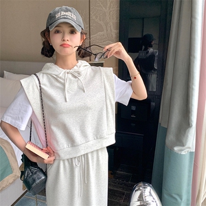 韩版假两件连帽卫衣套装女2025夏季新款时尚高腰显瘦半身裙两件套图片