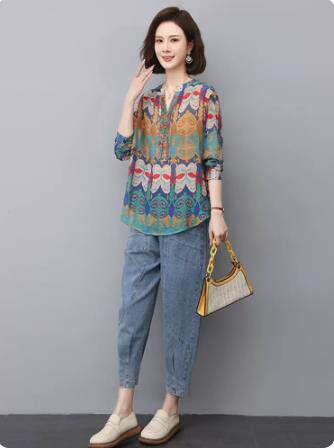 妈妈时尚两件套2025夏季印花衬衣中年宽松显瘦套装薄款九分牛仔裤，女装套装/套裙，叶笙衣