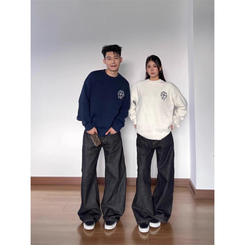 美式复古旗帜字母提花毛衣男女cleanfit慵懒风百搭宽松情侣针织衫图片