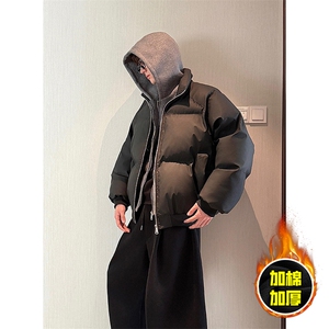 现货高品质重磅工艺美式高街假两件PU皮棉衣男女加厚棉服外套图片