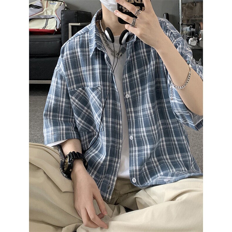 GENIOLAMODE情侣格子衬衫短袖夏季男士复古冰丝宽松衬衣外套高街图片