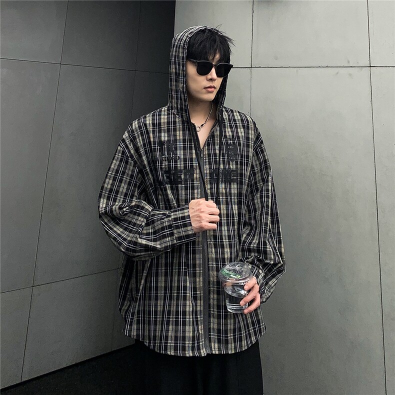 美式复古连帽格子外套男休闲百搭衬衫植绒印花防晒衫CS05-P65,男装衬衫,电商C307A