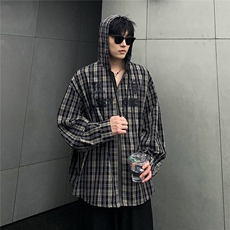 美式复古连帽格子外套男休闲百搭衬衫植绒印花防晒衫CS05-P65，男装衬衫，电商C307A