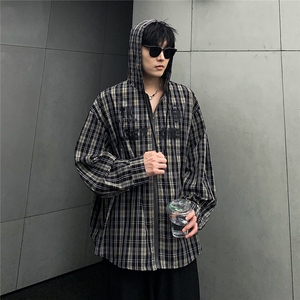 美式复古连帽格子外套男休闲百搭衬衫植绒印花防晒衫 CS05-P65图片