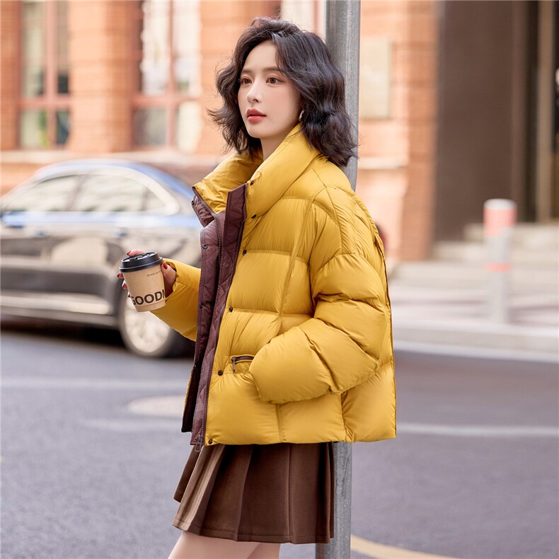 现货黄色撞色羽绒服女2025冬季新款小个子冬装外套150,女装羽绒服,梦懿尔