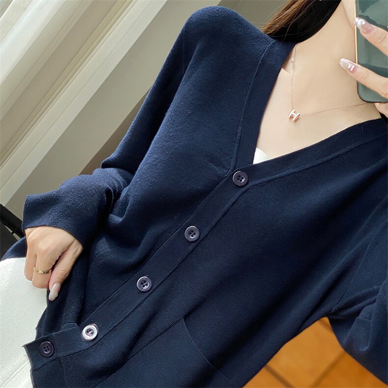 25春秋新款精仿羊毛开衫女V领拼色长袖简约韩版宽松外套针织上衣,针织衫/毛衣,朝贺羊绒
