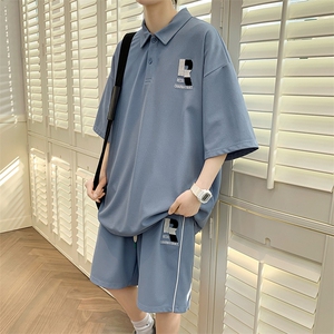 2024夏款潮时尚翻领半袖套装个性刺绣短裤T恤男女 6631-P70控价98图片