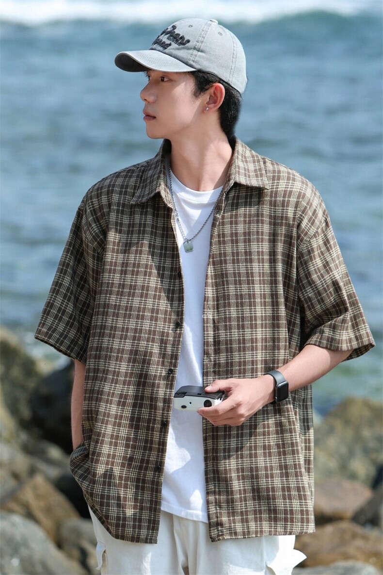 新款跨境专版宽松潮流长袖格子衬衫男,男装衬衫,星座1107-1
