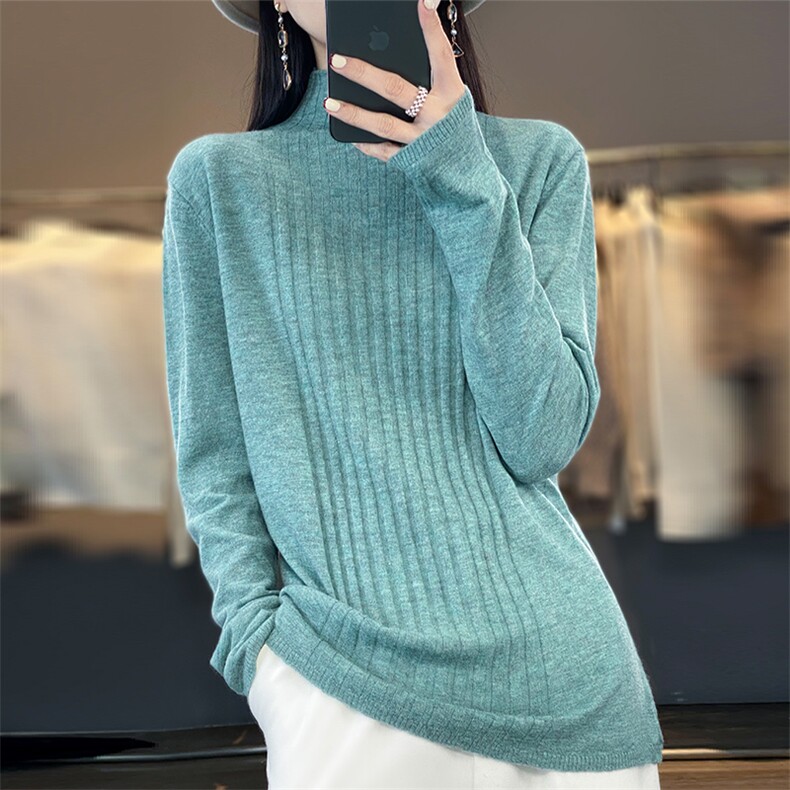 半高领100%纯羊毛衫女春秋新款抽条针织长袖毛衣宽松羊绒衫打底衫,女装羊绒衫,朝思羊绒